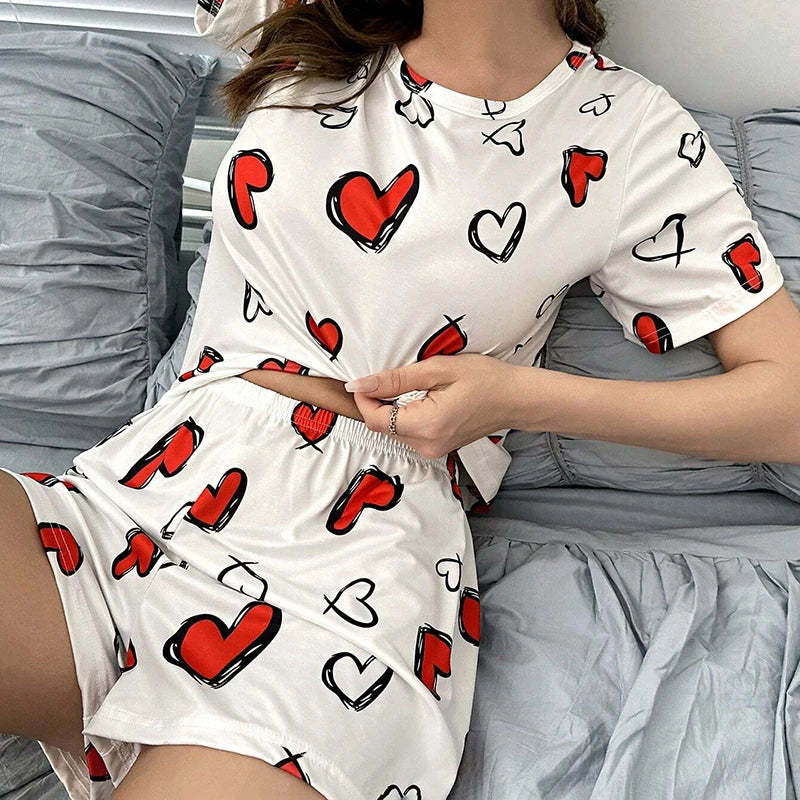 Saviig Strawberry Print Pajama Set: Short Sleeve Top & Shorts, Soft & Comfortable