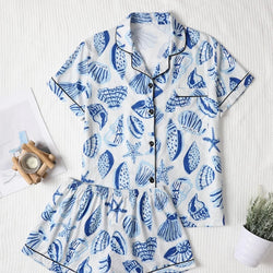 Saviig Women's Shell Print Pajama Set Top & Soft Shorts Relax Fit Loungewear