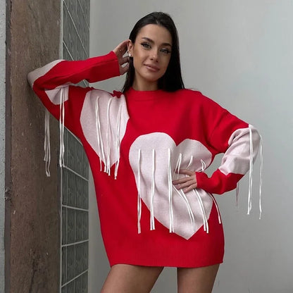 Saviig Heart Print O-Neck Sweater: Women's Casual Knit Pullover with Tassels