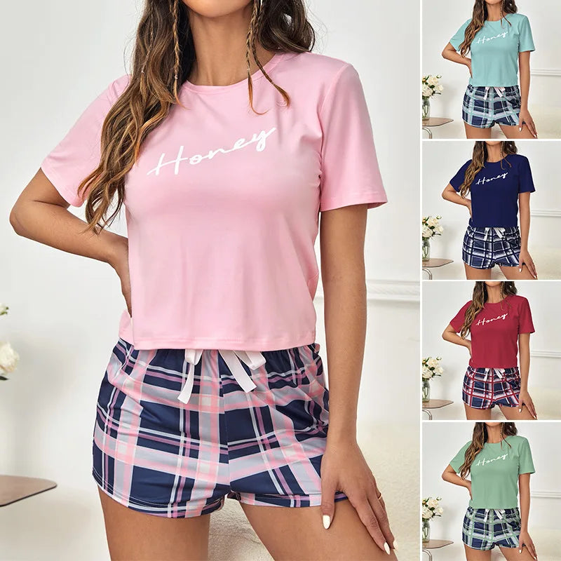 Saviig Women's Letter Print Pajama Set: Short Sleeve Top & Plaid Shorts Home Clothing