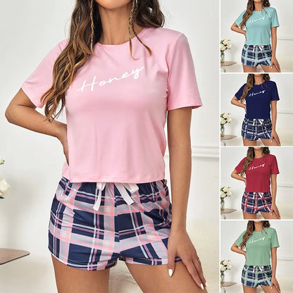 Saviig Women's Letter Print Pajama Set: Short Sleeve Top & Plaid Shorts Home Clothing