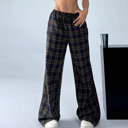 Saviig Plaid Straight Pants: Elastic Waist Drawstring Trousers