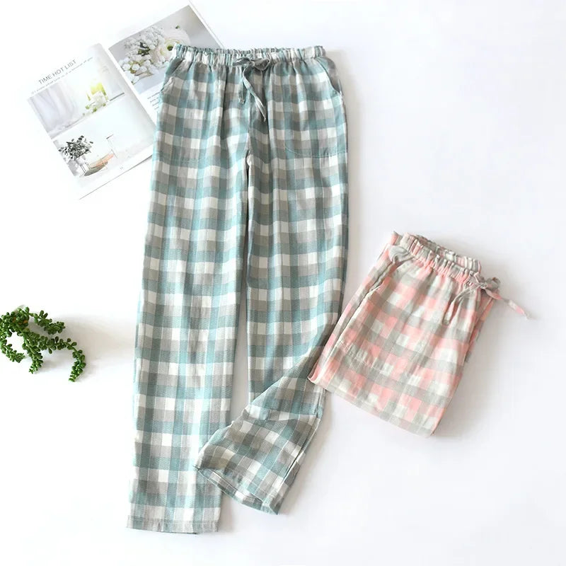 Saviig Plaid Cotton Gauze Sleep Pants for Couples