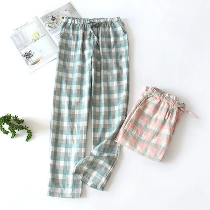 Saviig Plaid Cotton Gauze Sleep Pants for Couples