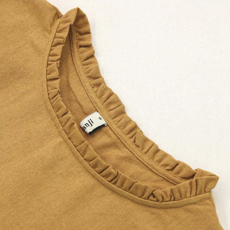 Saviig Ruffled Linen Women's T-Shirt: Casual Loose Fit, O-Neck, Long Sleeve Top