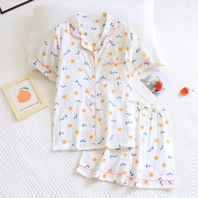 Saviig Flower Print Cotton Pajama Set with Button-down Shirt & Shorts