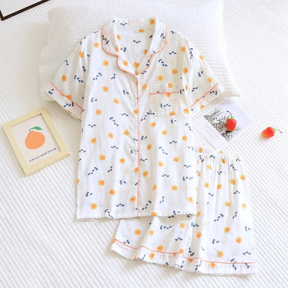 Saviig Flower Print Cotton Pajama Set with Button-down Shirt & Shorts
