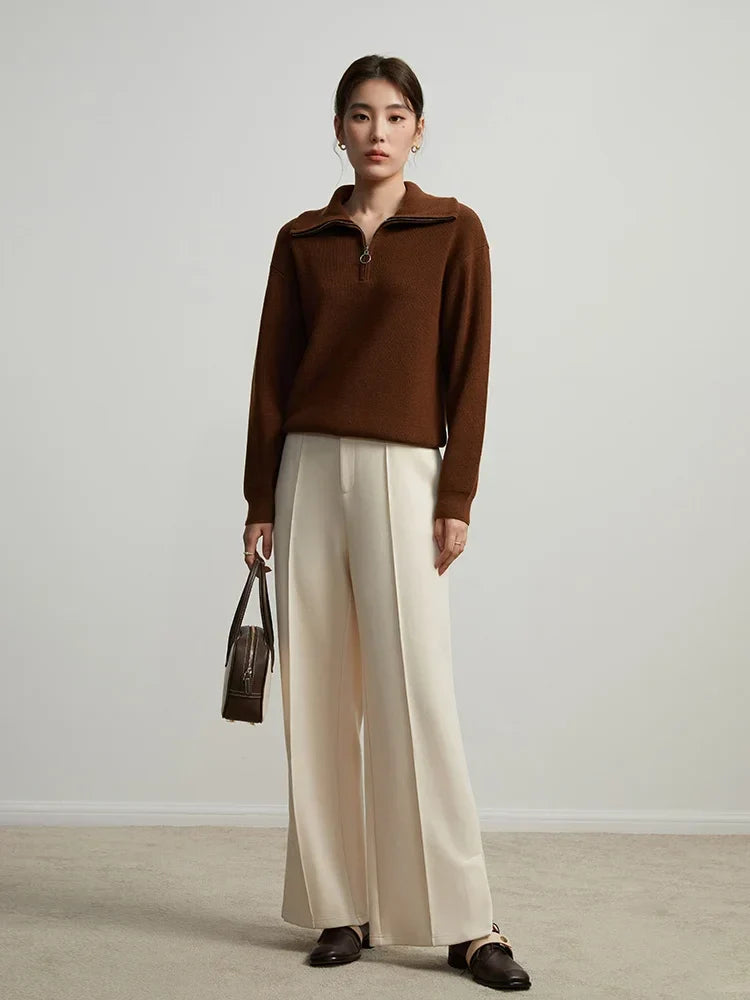 Saviig Beige Knitted Straight Pants | Plus Size Thick Warm Winter Trousers