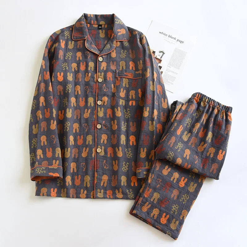 Saviig Cotton Couple Pajama Set: Long Sleeve Top and Pants for Men and Women