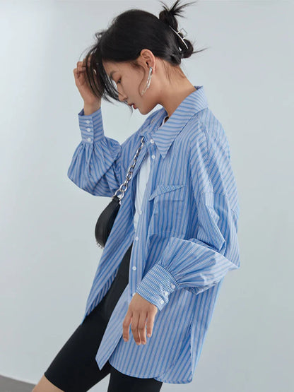 Saviig Blue Striped Button Up Shirt - Women's Oversized Casual Blouse