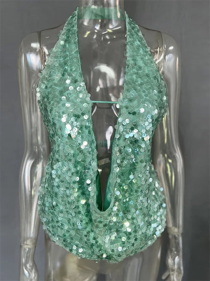Saviig Summer Sequin V-Neck Tank Top: Sexy Backless Glitter Y2k Cropped Top