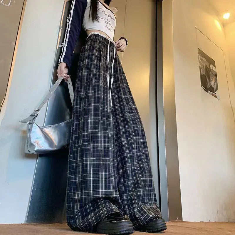 Saviig Retro Plaid Patchwork Pants: Wide Leg Elastic Waist Check Trousers for Women