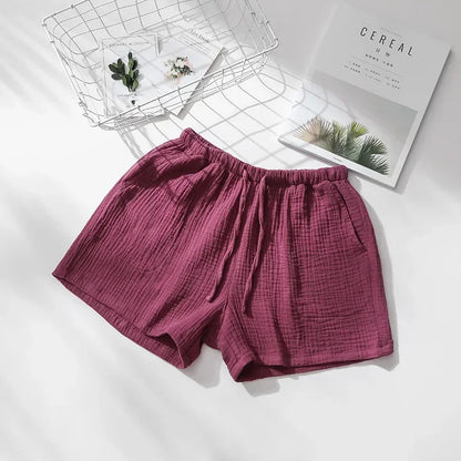 Saviig Cotton Crepe Sleep Shorts for Couples, Elastic Waist Nightwear Pajama Bottoms
