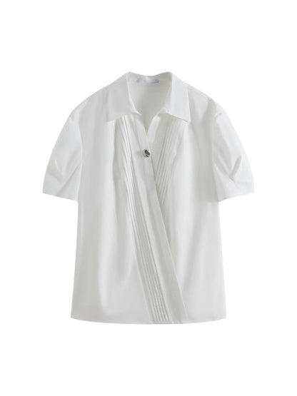Saviig White V-Neck Short-Sleeve Top - 2025 Summer Minimalist Style