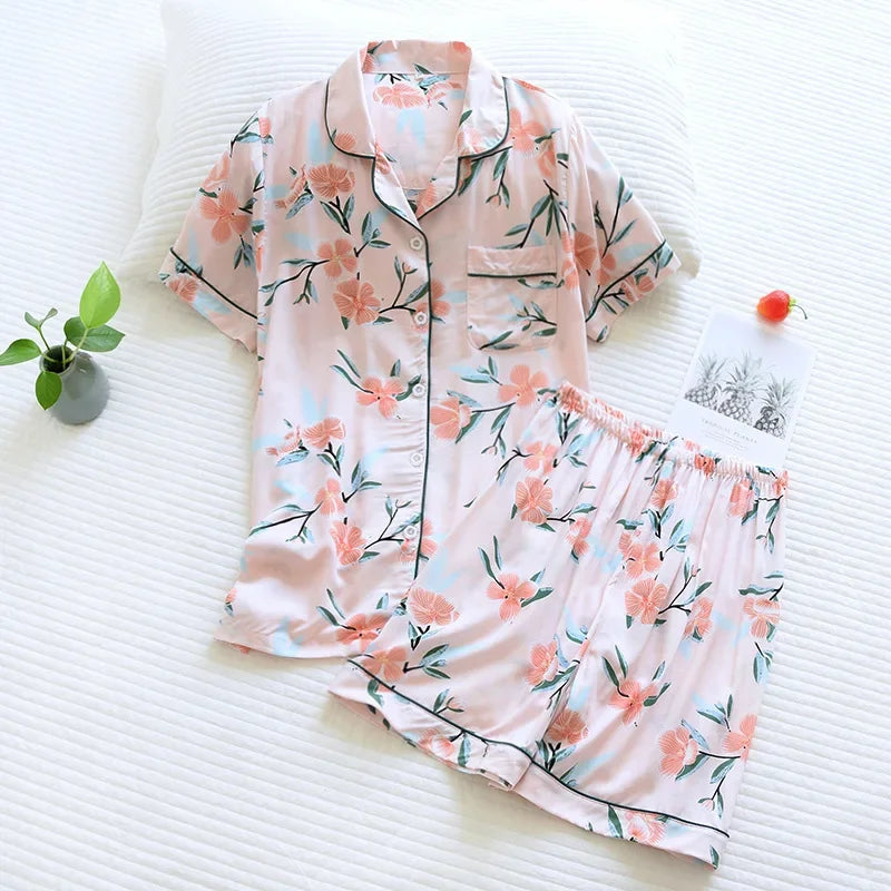 Saviig Summer Pajama Set: Viscose Short-Sleeve Top & Cotton Shorts