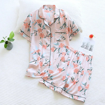 Saviig Summer Pajama Set: Viscose Short-Sleeve Top & Cotton Shorts