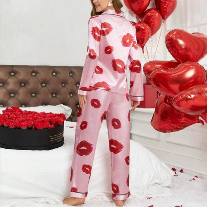 Saviig Lip Print Satin Pajama Set with Long Sleeve Top and Pants