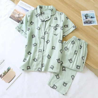 Saviig Cotton Gauze Women's Pajama Set: Short-Sleeve Top & Pants, Cute & Lightweight