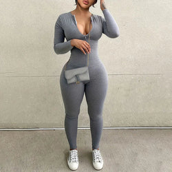 Saviig Autumn Solid Long Sleeve Sports Jumpsuit Women Skinny Fitness Romper
