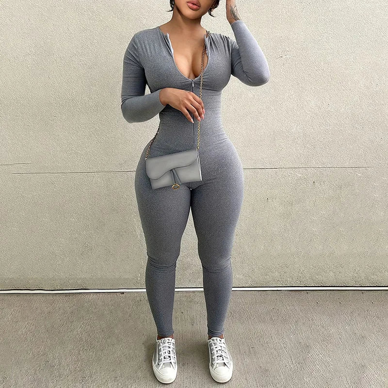 Saviig Autumn Solid Long Sleeve Sports Jumpsuit Women Skinny Fitness Romper