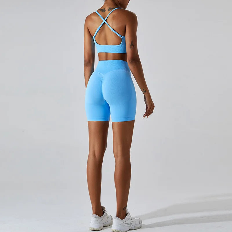 Saviig Seamless Ribbed Yoga Set: Crop Tank & High Waist Shorts Fitness Outfit