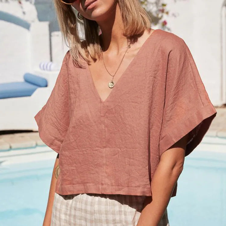 Saviig Linen Backless V-Neck Top Women 2025 Casual Solid Color Loose Summer T-Shirt