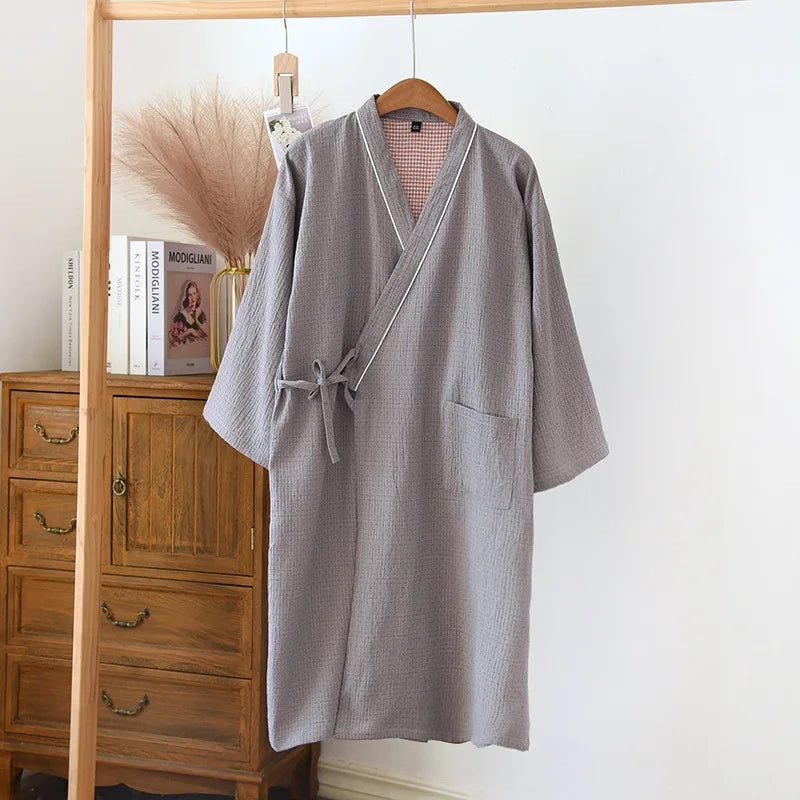 Saviig Japanese Kimono Robe Couple Nightgown 100% Cotton Bathrobe
