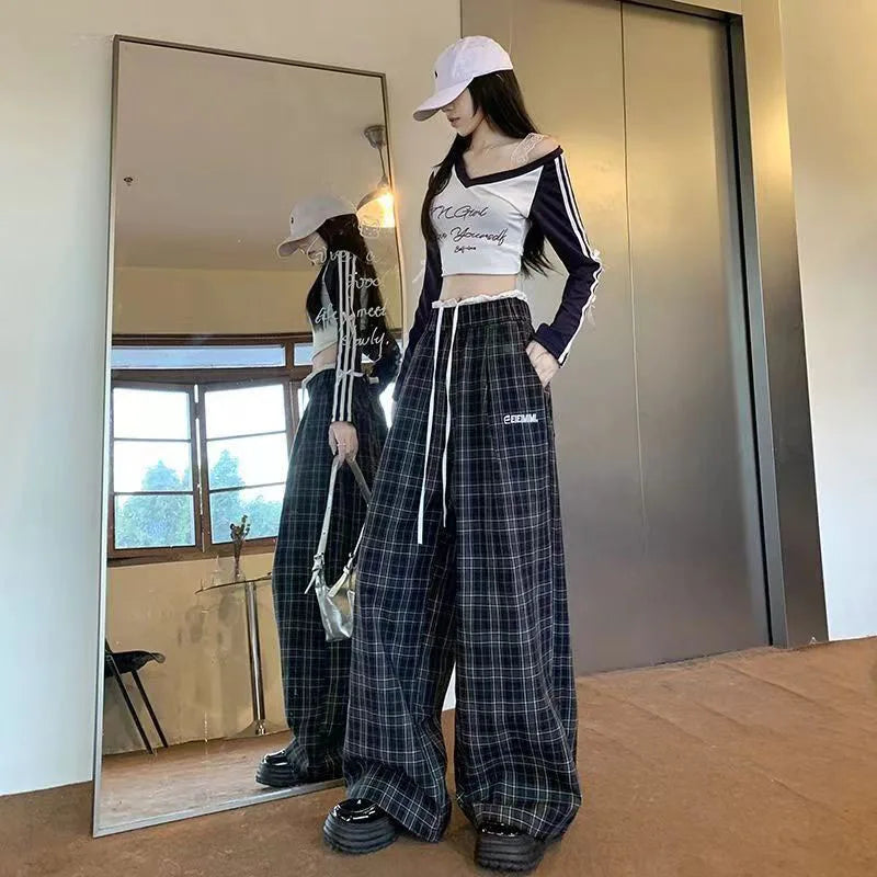 Saviig Retro Plaid Patchwork Pants: Wide Leg Elastic Waist Check Trousers for Women