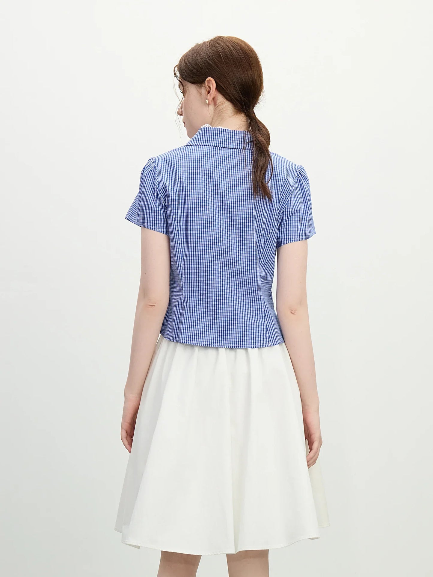 Saviig Summer French Lace Checkered Collar Blouse Linen-Blend Slim Fit Women's Top