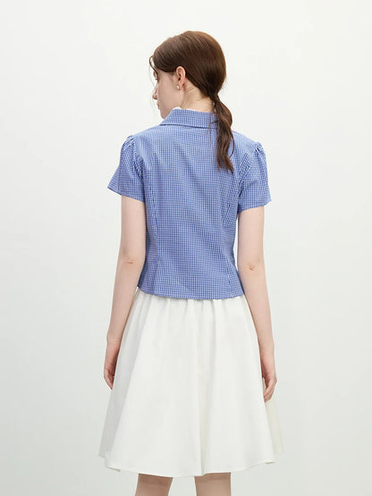Saviig Summer French Lace Checkered Collar Blouse Linen-Blend Slim Fit Women's Top