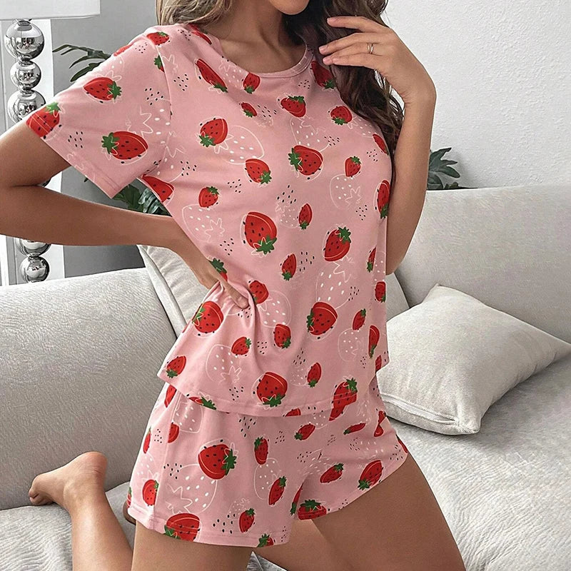 Saviig Women's Strawberry Print Pajama Set: Top and Shorts, Comfy Loungewear