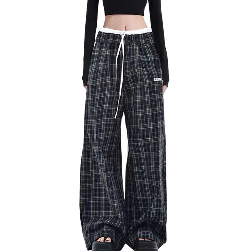 Saviig Retro Plaid Patchwork Pants: Wide Leg Elastic Waist Check Trousers for Women