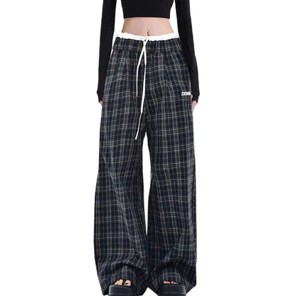 Saviig Retro Plaid Patchwork Pants: Wide Leg Elastic Waist Check Trousers for Women