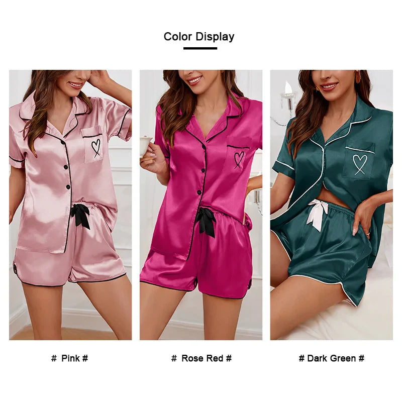 Saviig Heart Embroidered Pajama Lounge Set: Button Down Top & Shorts