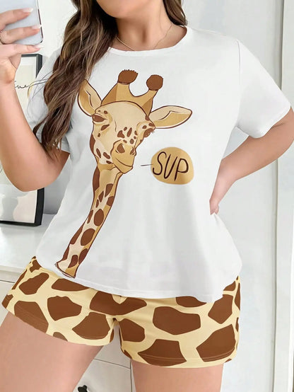 Saviig Giraffe Print Milk Silk Pajama Set for Plus Size Women