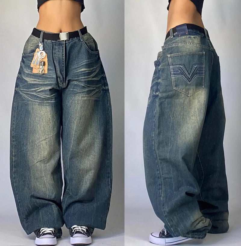 Saviig Vintage Oversized Letter Embroidery High Waist Wide Leg Jeans Harajuku Hip Hop