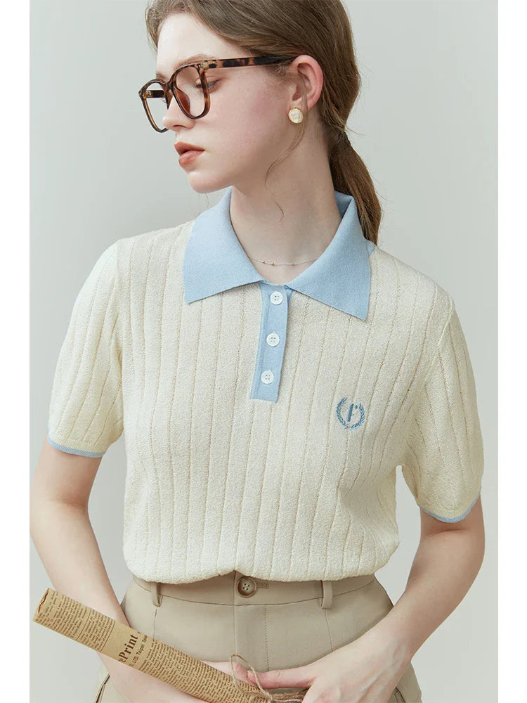 Saviig Women's College Color Matching Polo Collar Sweater