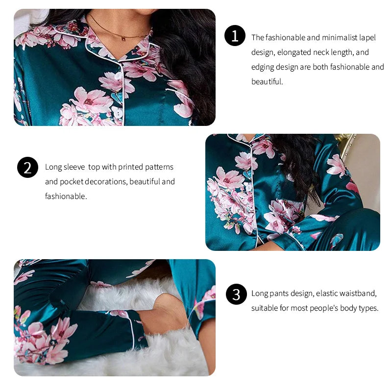 Saviig Floral Print Satin Pajama Set, Long-Sleeve Button Down Loungewear Costume