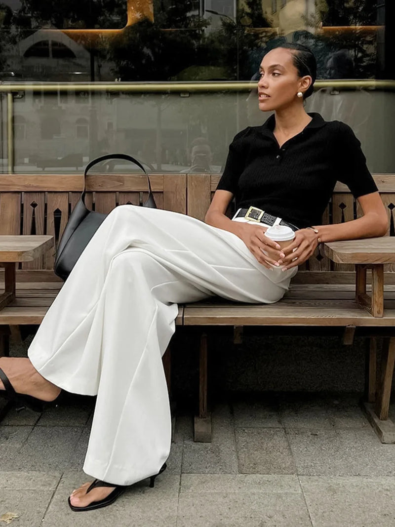 Saviig High Waist Wide Leg Pants | White Office Lady Loose Trousers