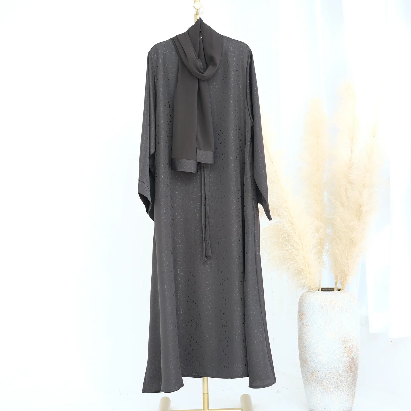 Saviig 3D Jacquard Muslim Abaya Dress for Women, O Neck Wide Sleeves