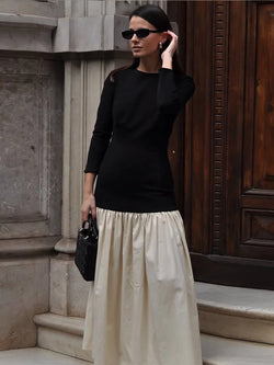 Saviig Fashion Contrast Splicing Pleated Long Dress Round Neck Loose Vestido