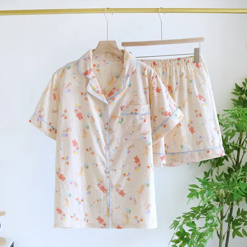 Saviig Cotton Cartoon Pajama Set - Short Sleeves & Shorts