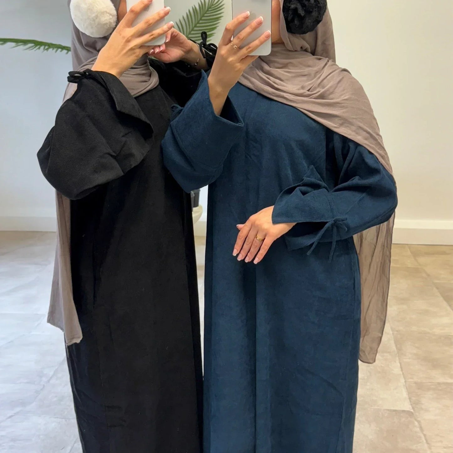 Saviig Corduroy Bowknot Abaya: Modest O Neck Dress with Pockets