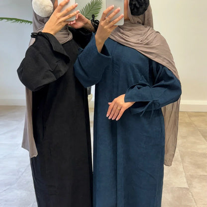 Saviig Corduroy Bowknot Abaya: Modest O Neck Dress with Pockets