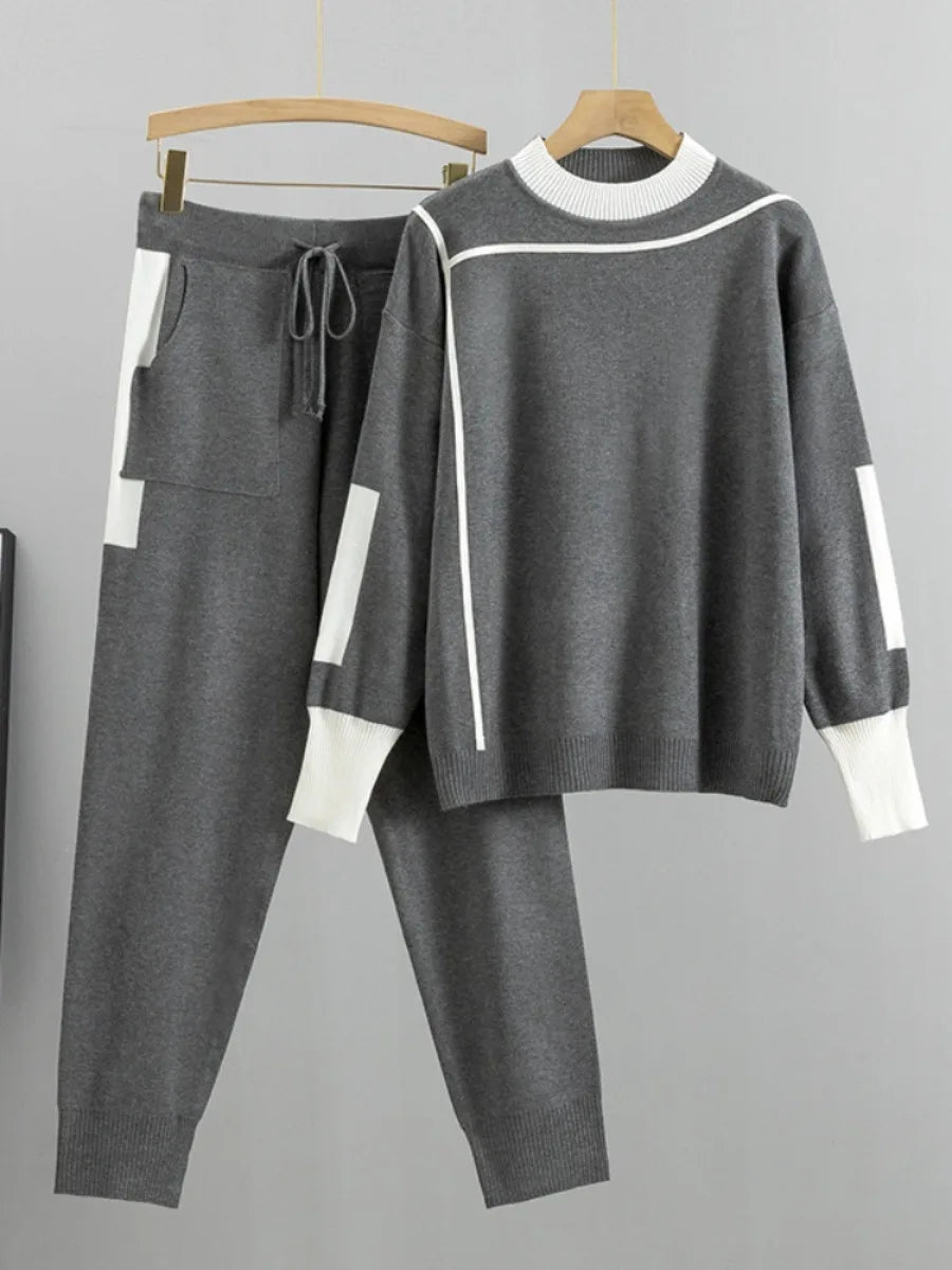 Saviig Winter Women Knitted Set: Pullover Sweater & Pant 2PCS Outfit Warm Sport Suit