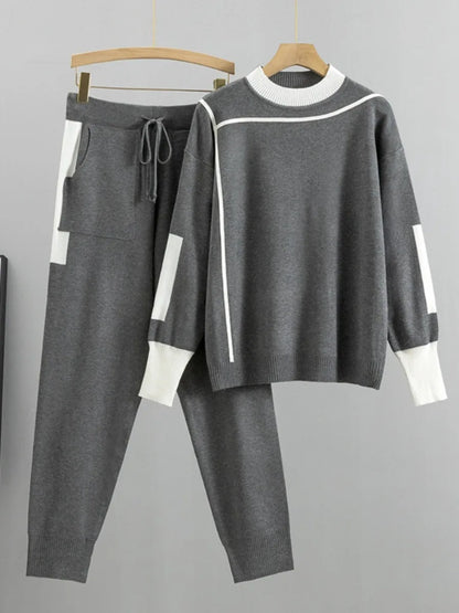 Saviig Winter Women Knitted Set: Pullover Sweater & Pant 2PCS Outfit Warm Sport Suit