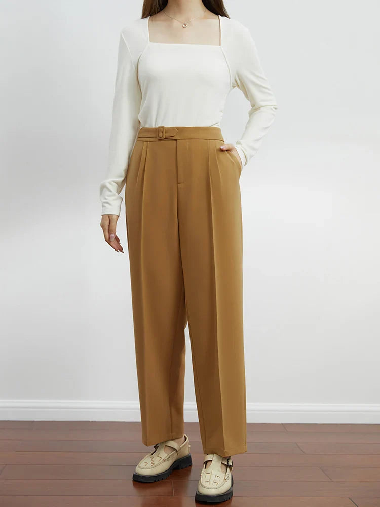 Saviig High Waist Belted Pants for Women - Stylish Straight Trousers