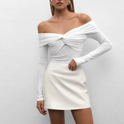 Saviig High Waist Off Shoulder Twist Top Slim Long Sleeve T-Shirt