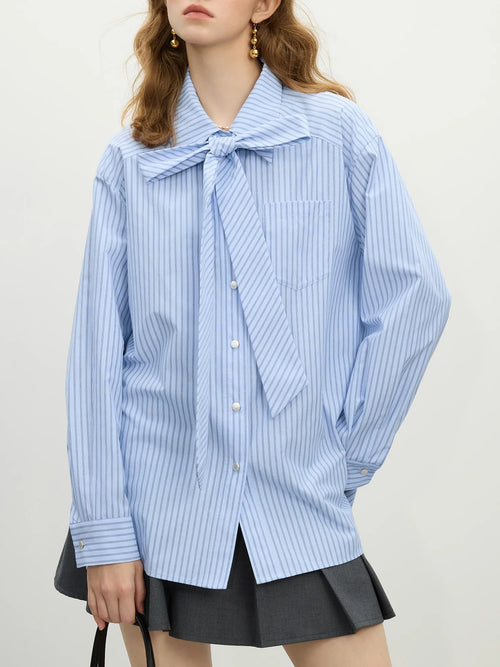 Saviig French Bow Tie Striped Shirt: Office Lady Spring Loose Fit Top