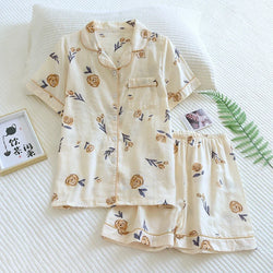 Saviig Rabbit Flower Print Pajama Set Short Sleeve Top Elastic Shorts